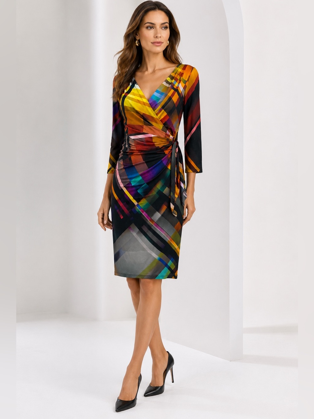 Lucian Matis Faux Wrap Plaid Sheath Dress Ruched Multicolor Small